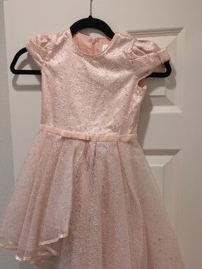 Eirene Kids Girls Sparkle Pink Party Dress Asymetrical with Velvet  Bow
